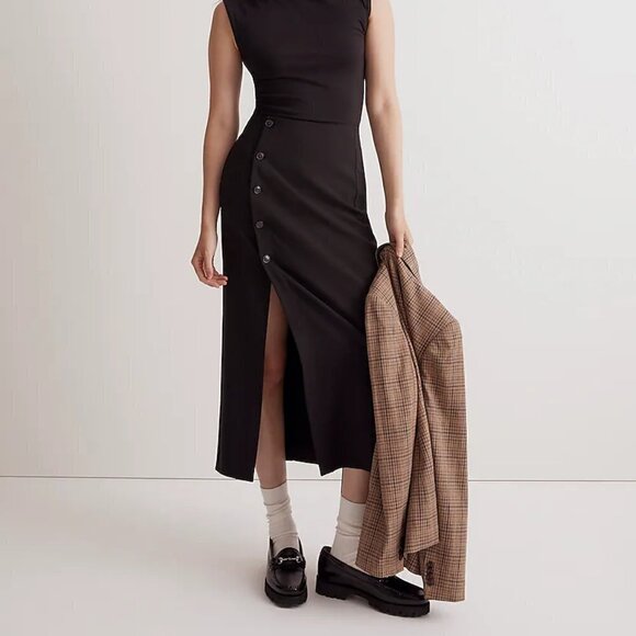Madewell Button Wrap Front Comfortable Retro Midi Skirt Black Size 14 NWT - Picture 1 of 10